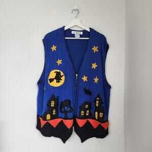 Vintage Halloween Witch Scene Knit Zip Vest Blue Yellow Grandmacore 3X